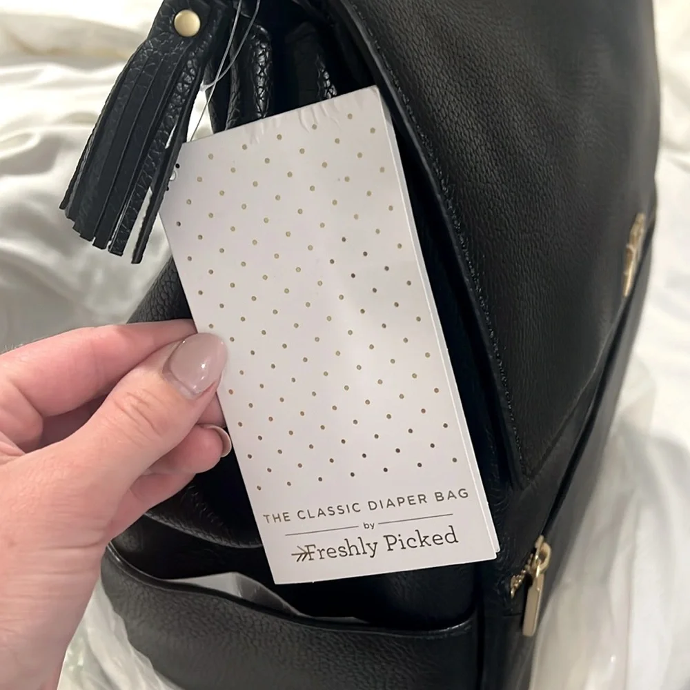 Freshly Picked Black Leather-Look Backpack Diaper Bag with Gold Accents